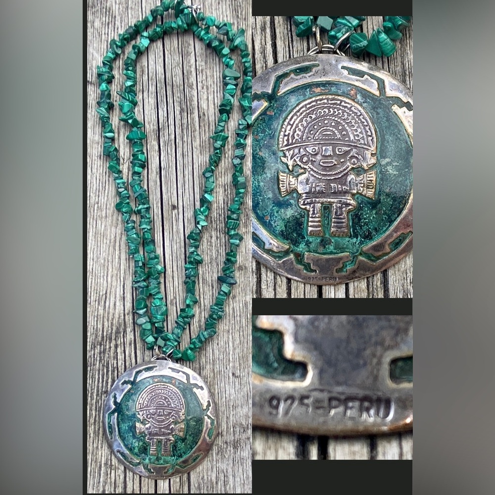 Vintage Peruvian 925 Silver Incan Tumi Enameled Malachite Chain Hippie Necklace